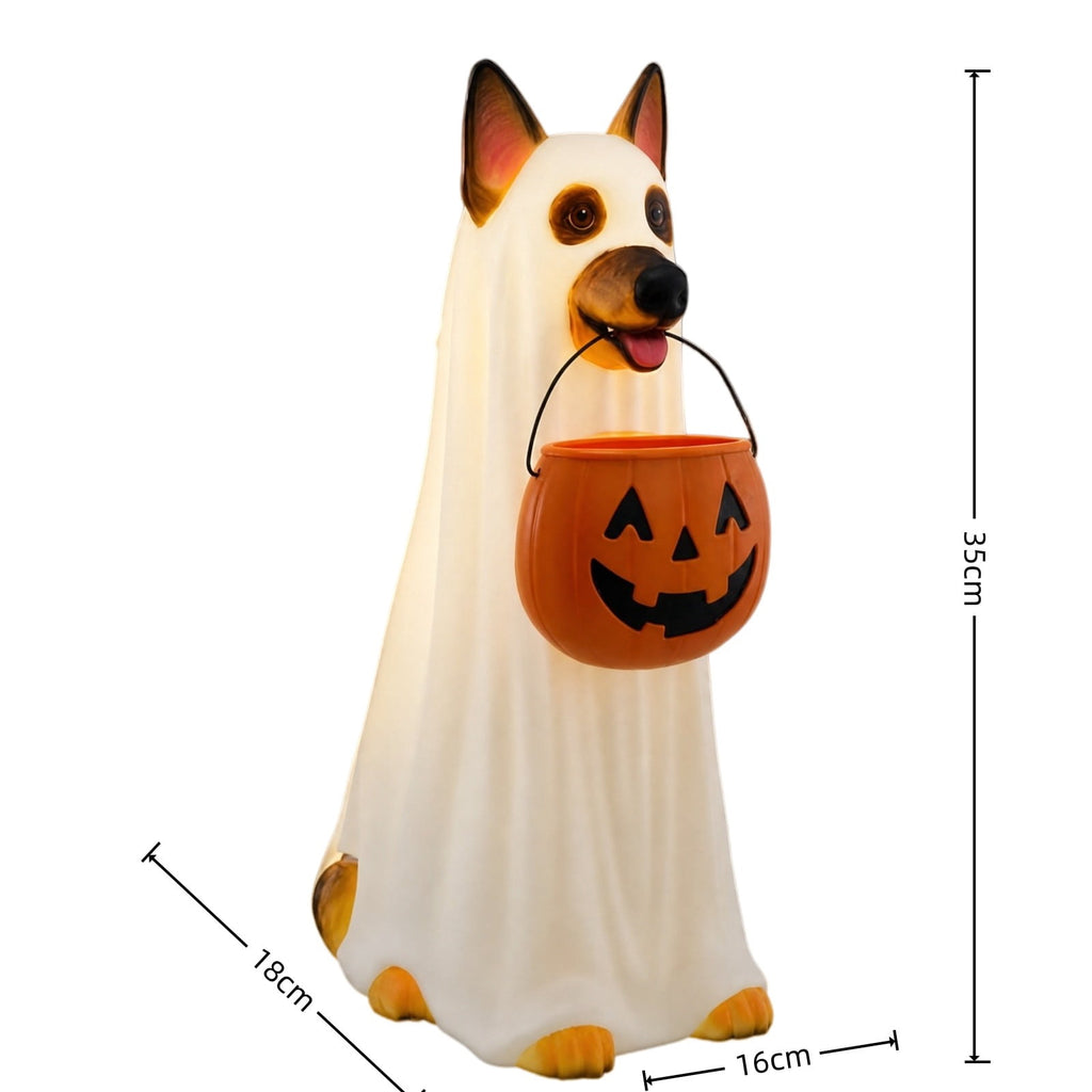 Clearance! Halloween Ghost Dog Statue with Pumpkin Candy Bowl, 14" LED Ghost German Shepherd Blow-Molded Figurine Outdoor, Halloween Candy Holder Decoration Gift for Porch Yard Patio Indoor
