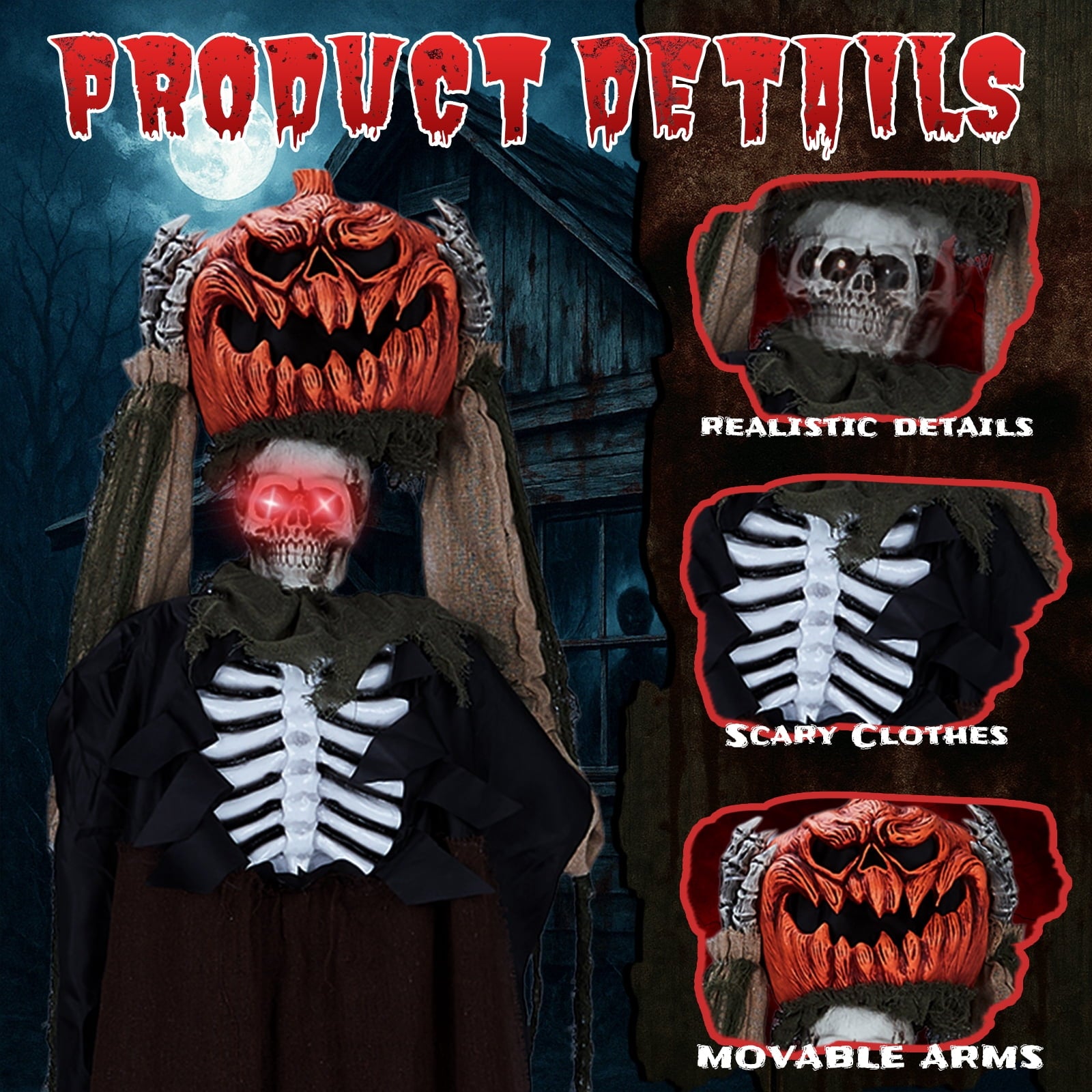 6ft Ghost with The Pumpkin Head Halloween Animated Animatronic Decoration w/ Pre-Recorded Screaming
