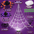 JoyX Giant Halloween Spider Web Decoration Set, 23 ft Huge Web with 50" Large Spider, LED Light, and Glow in The Dark Spiders for Outdoor Yard Decor
