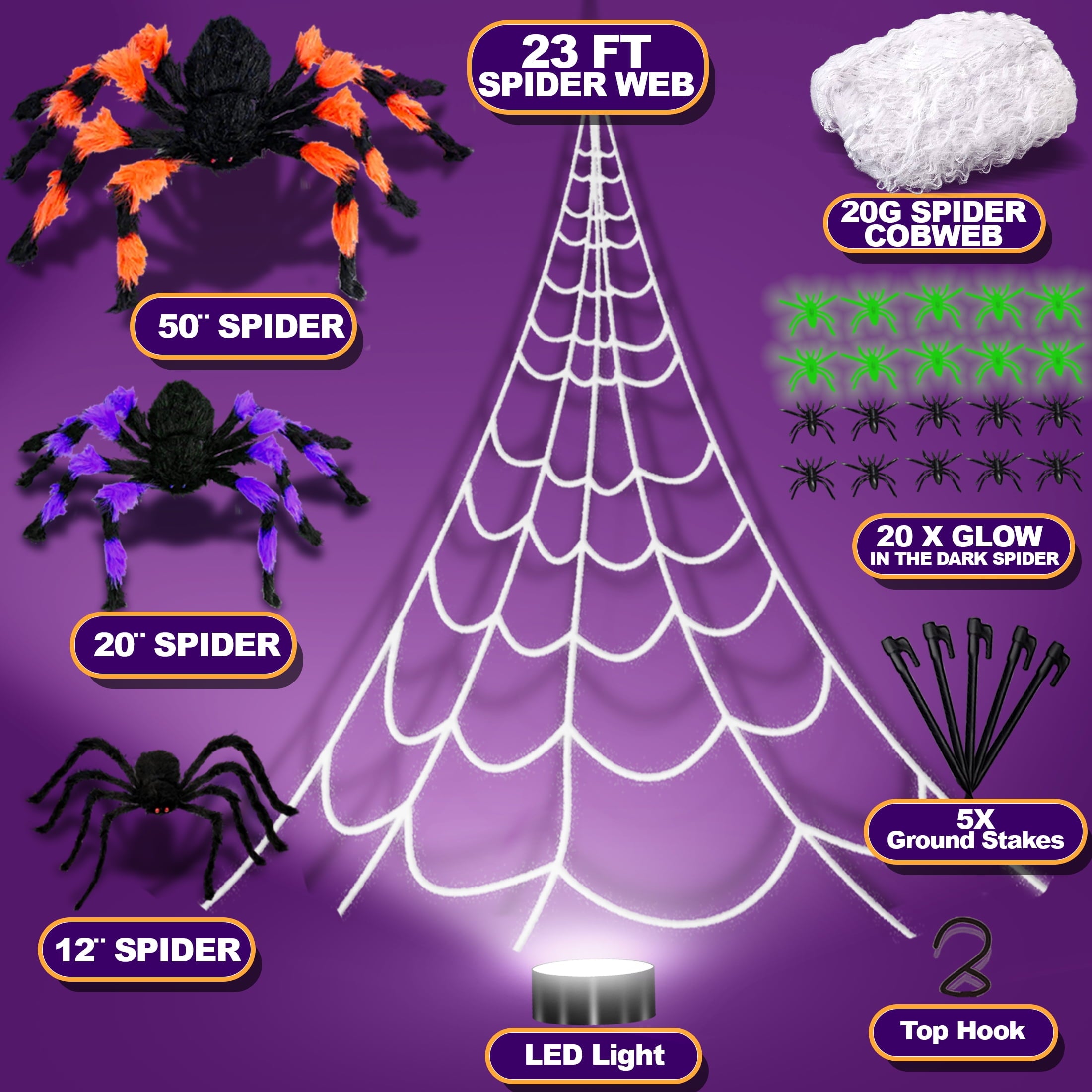 JoyX Giant Halloween Spider Web Decoration Set, 23 ft Huge Web with 50" Large Spider, LED Light, and Glow in The Dark Spiders for Outdoor Yard Decor