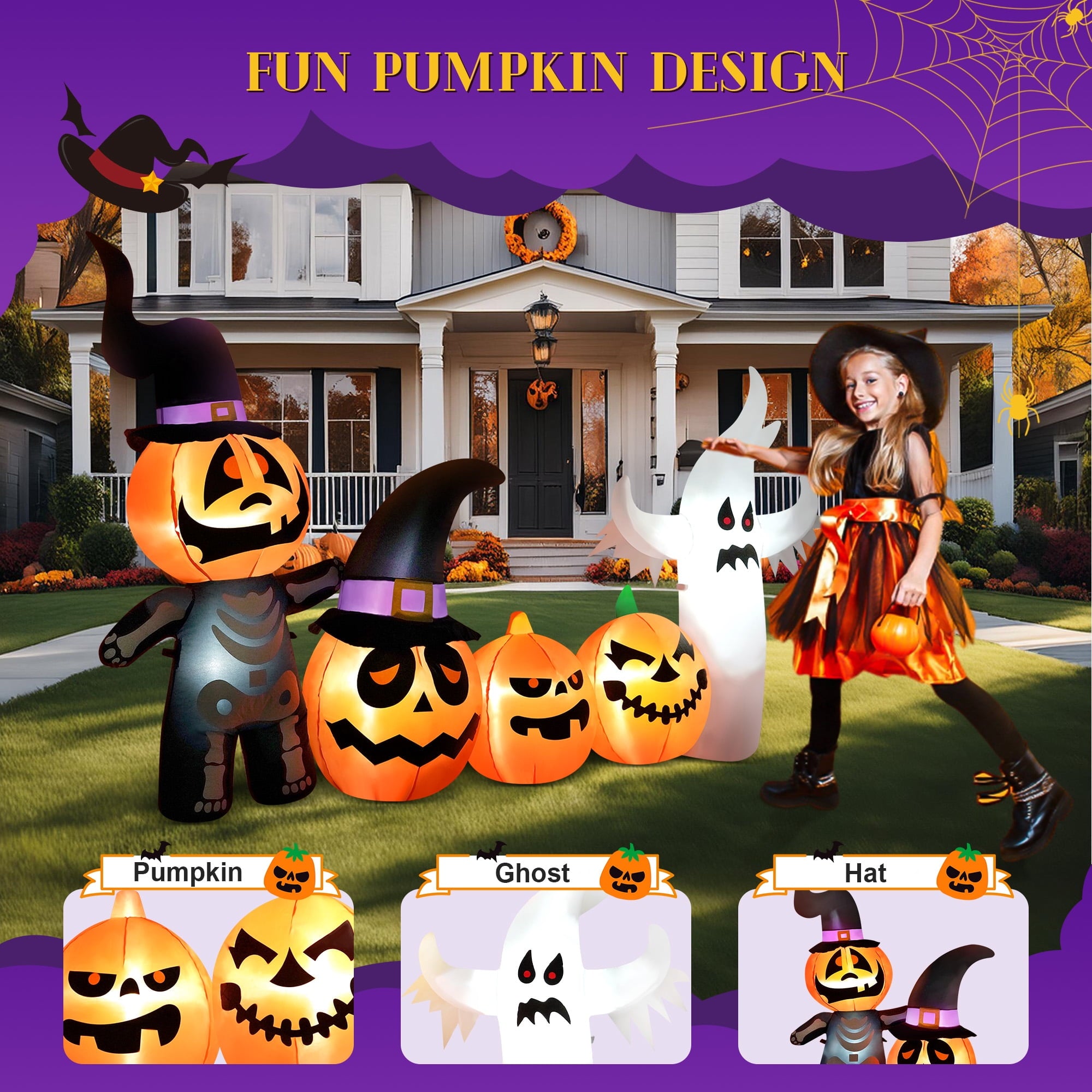 Vrilay Halloween Inflatables, 7 FT Long 4 Pumpkins with Cute White Ghost Outdoor Decorations, Built-in LEDs, Blow Up Party, Waterproof Yard, Garden, Lawn Decor