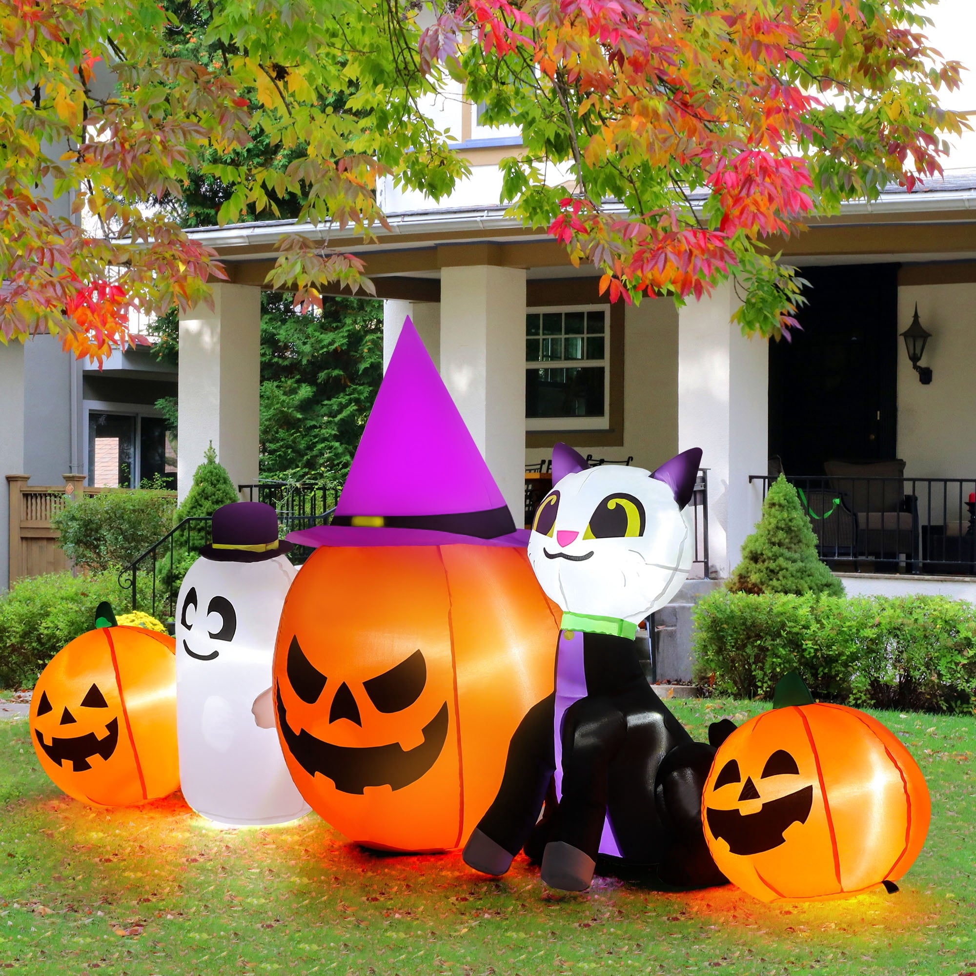 8ft Halloween Inflatable Pumpkins Outdoor Decor with Black Cat and Spectre,Built-in LED Lights,for Halloween Party,Yard,Garden,Lawn