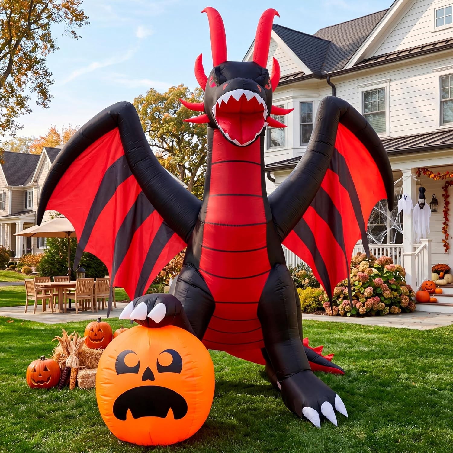 8 ft Halloween Inflatable Fire Dragon with Pumpkin,Animated Moving Mouth & Internal LED Lights,Blow Up Yard Decor Outdoor Lawn Garden Indoor Porch Patio Spooky Halloween Decoration