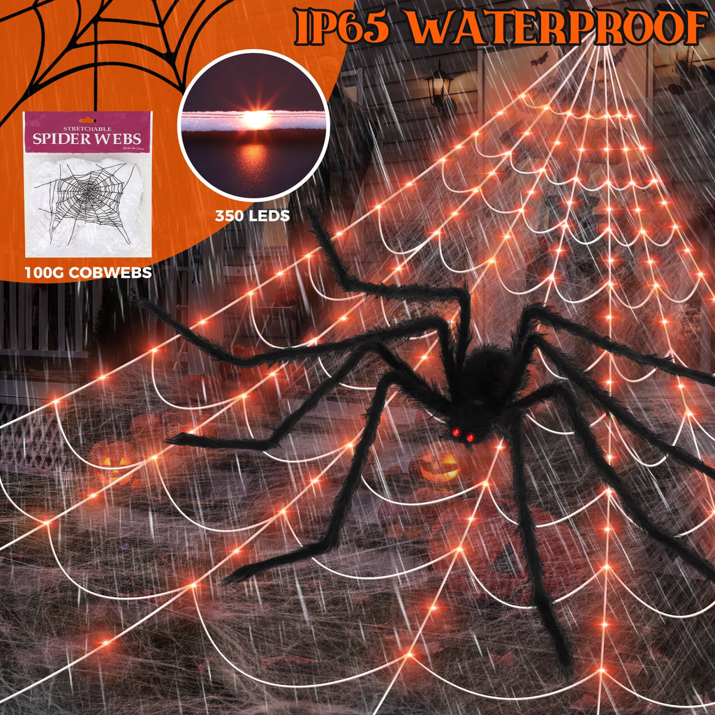 Scidweet Halloween Decorations Outdoor, 350 LED Halloween Spider Web Lights with 79" Large Spider for Outside Garden Yard Home Decor, Orange