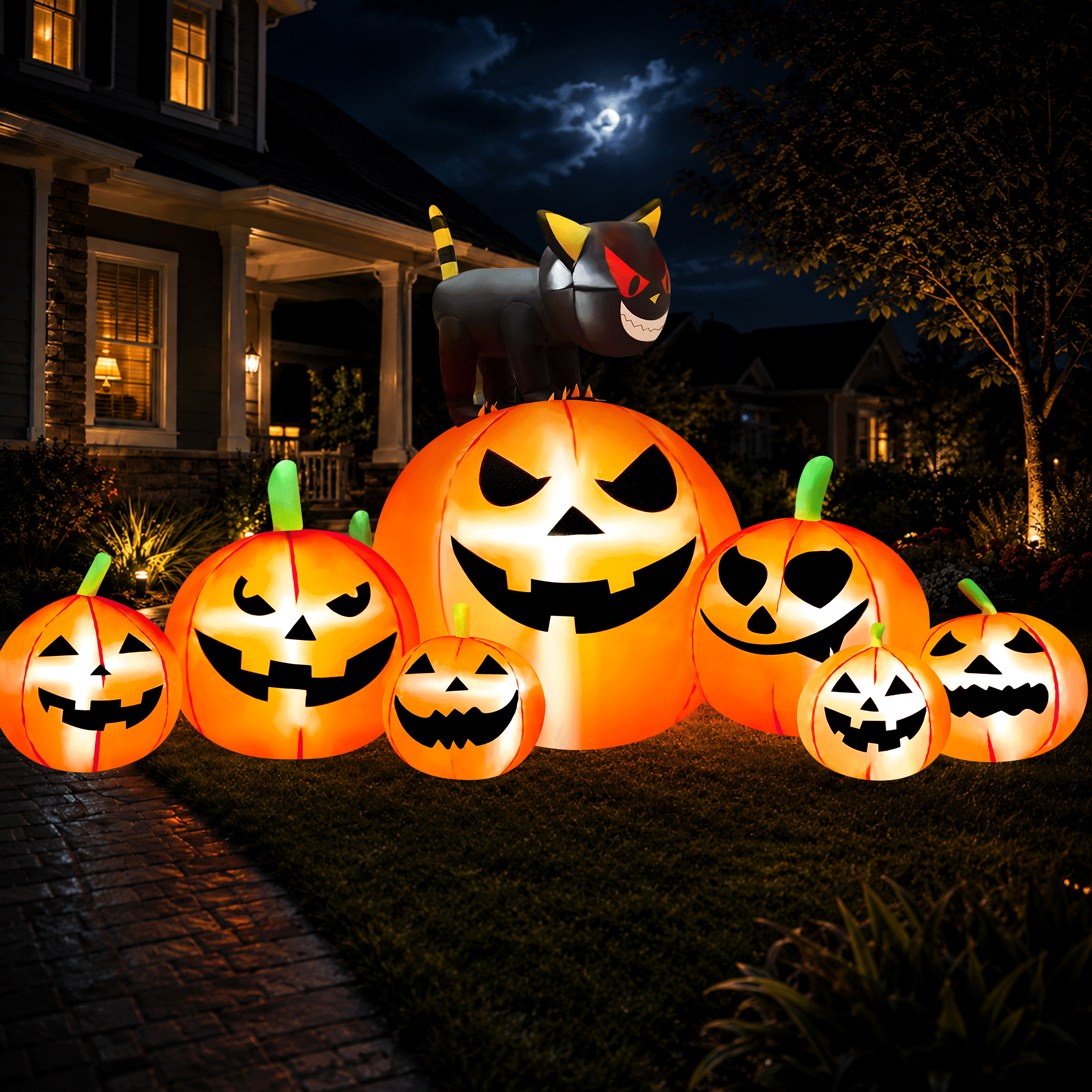 8.1FT Halloween Inflatable Pumpkin Stack, 7 Glitter Pumpkins with Black Cat and LED Lights, Outdoor Yard & Garden Decor