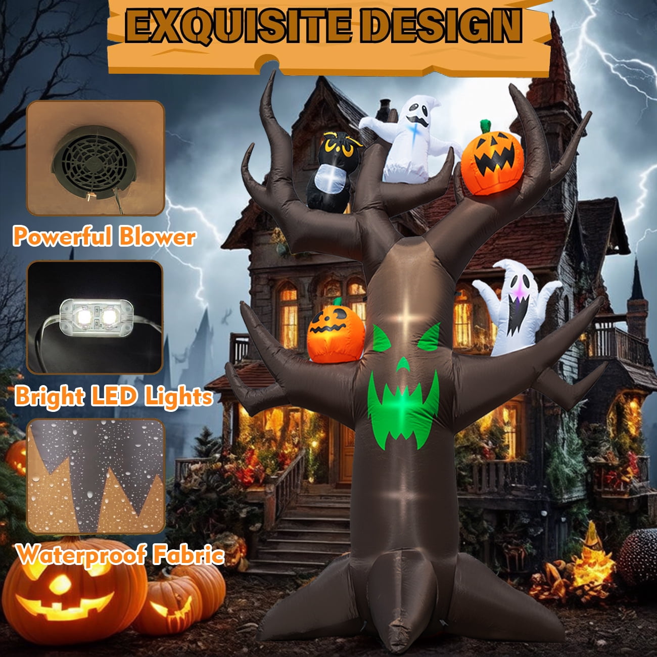 Coolmade 9ft Halloween Inflatable Tree Decoration with pumpkin, Ghost, Owl, Blow up Yard Inflatables with Built-in LEDs for Garden Lawn Indoor Party Decor
