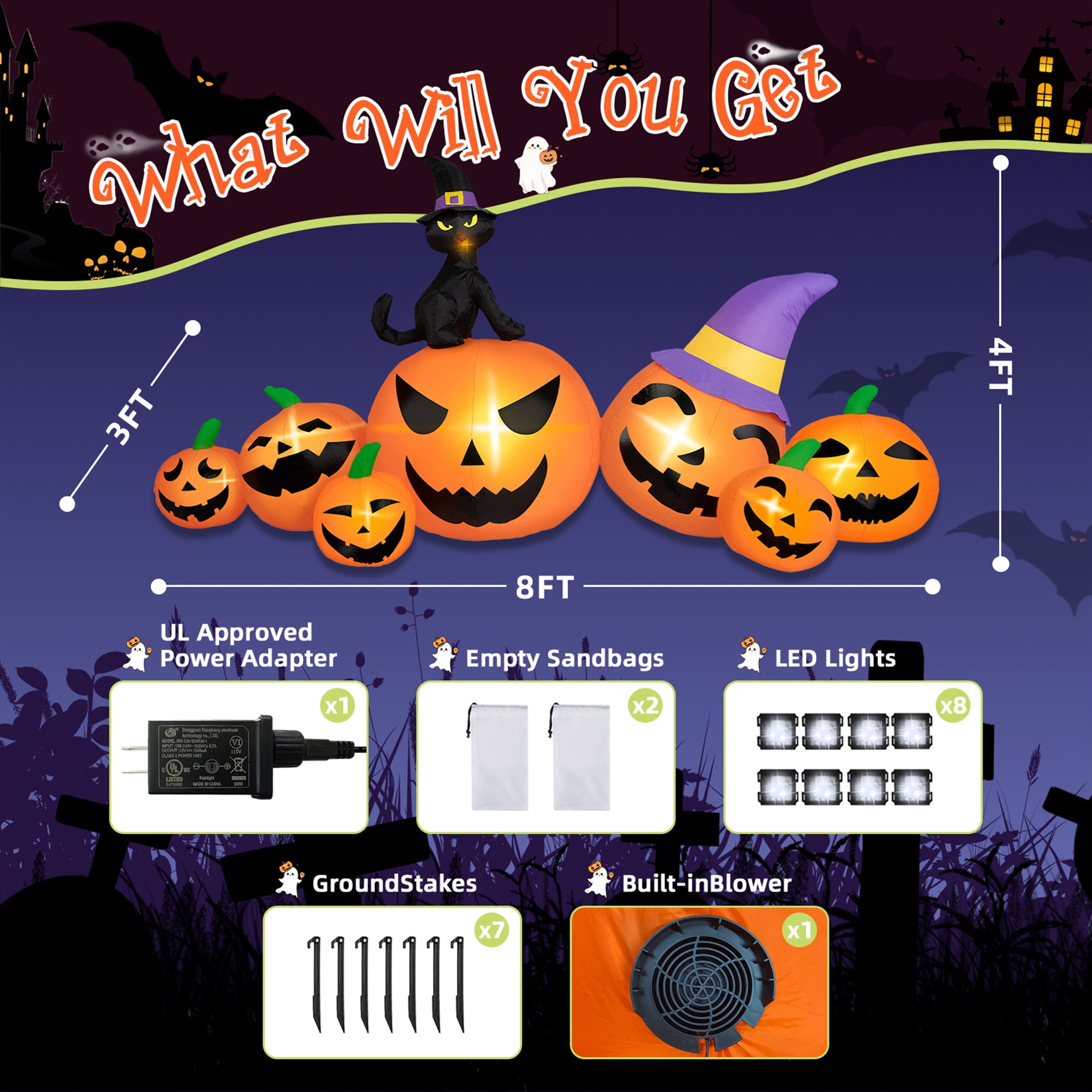 B&D 8FT Long Halloween Inflatables Pumpkin, Blow Up Pumpkins Inflatables with Witch Hat & Black Cat Built-in LED Lights for Halloween Party Yard Garden Lawn Decor
