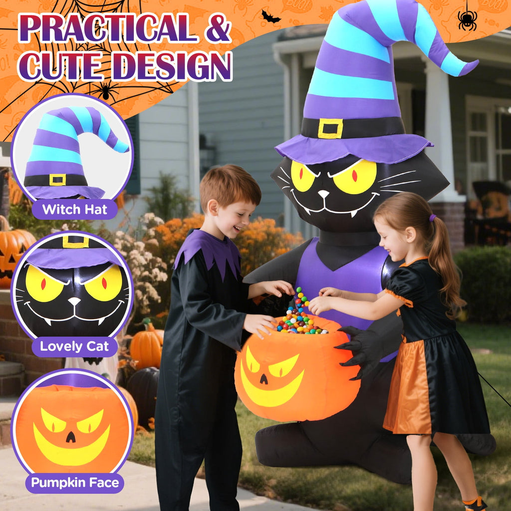 Toiyjofe 6ft Halloween Inflatable Black Cat with Jack-o'-Lantern & LED Lights, Trick-or-Treat Yard Decoration with Witch Hat for Outdoor Lawn & Porch