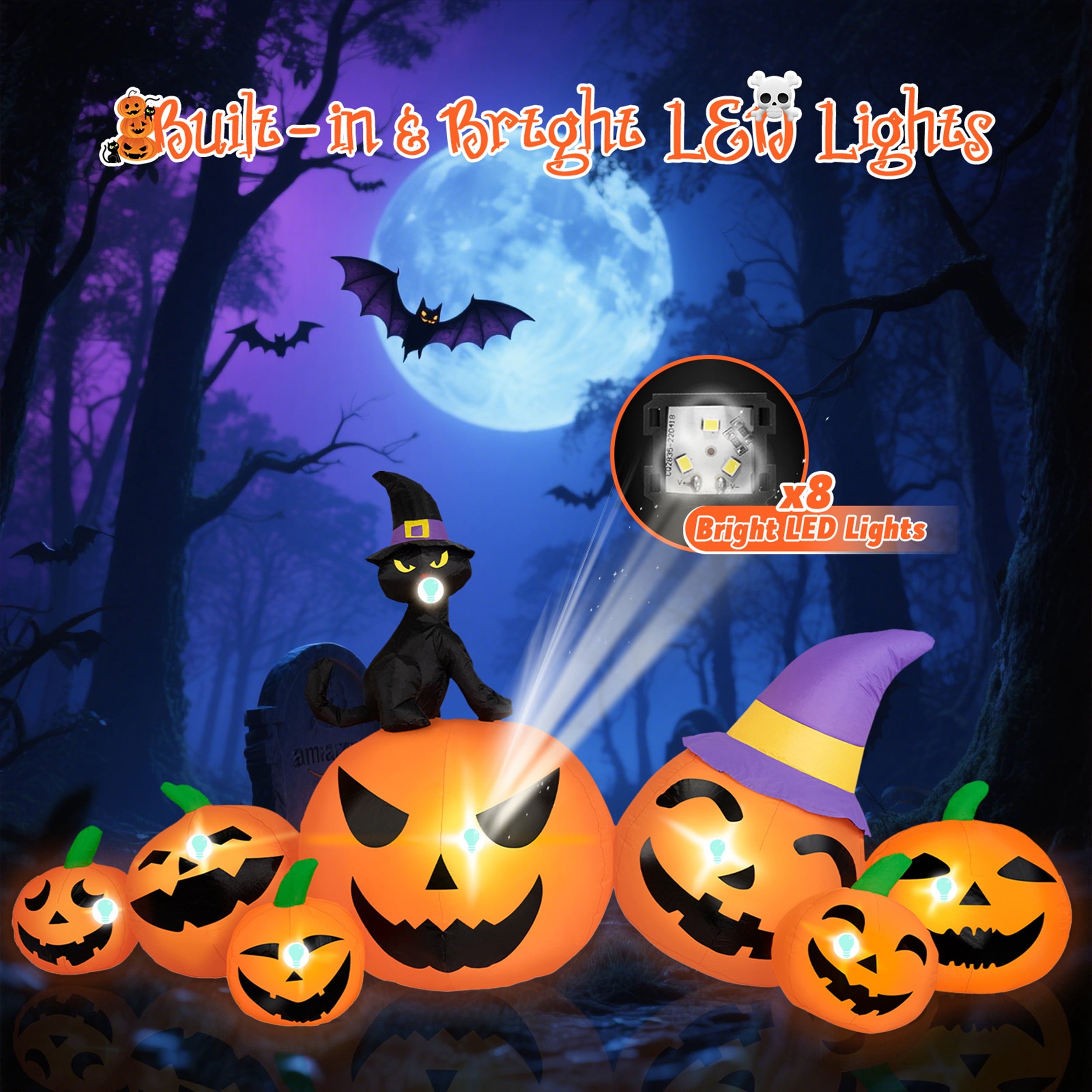 B&D 8FT Long Halloween Inflatables Pumpkin, Blow Up Pumpkins Inflatables with Witch Hat & Black Cat Built-in LED Lights for Halloween Party Yard Garden Lawn Decor