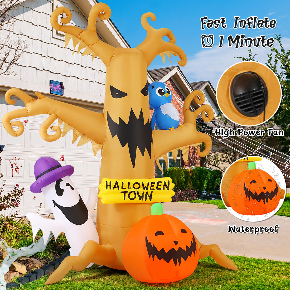 Halloween Inflatables 8 FT Halloween Inflatable tree with Ghost Pumpkin and Owl, Halloween Dead Tree Decorations Scary Halloween Decorations with Built-in Lights for Halloween/Holiday/Party