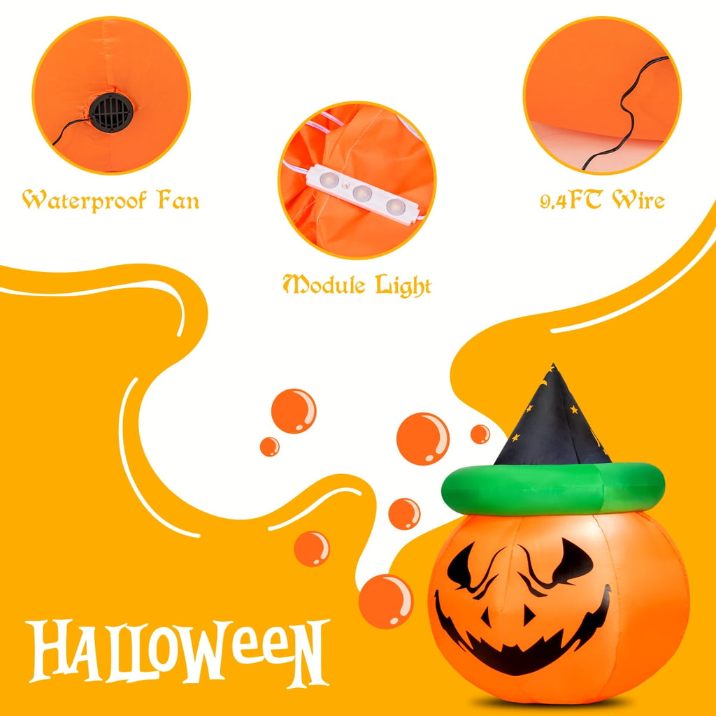Patiojoy Halloween Decoration 4 Ft Blow-up Inflatable Pumpkin With Witch Hat LED Bulbs Yard