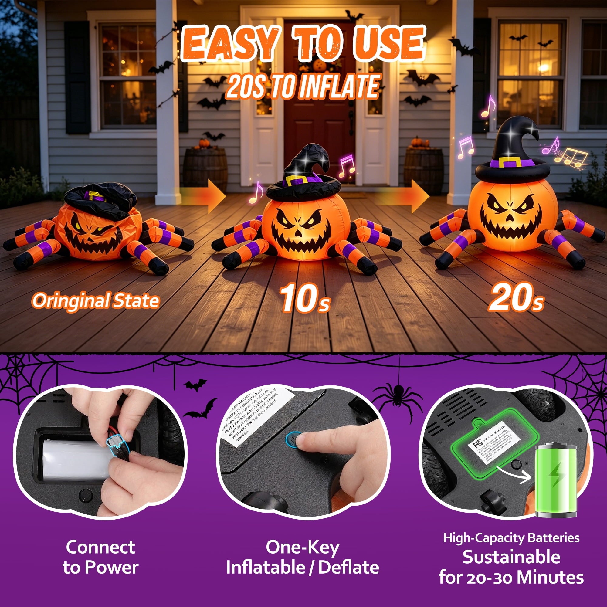 (2 pack) 2.6ft Remote Control Halloween Inflatable with Music Lights,Pumpkin Spider Car Blow ups Rc Car,Indoor Outdoor Decorations