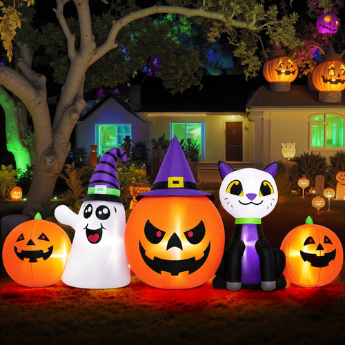 (2 pack) 8FT Halloween Inflatable Pumpkins Ghost Cat with Lights,Blow ups Outdoor Decorations for Yard