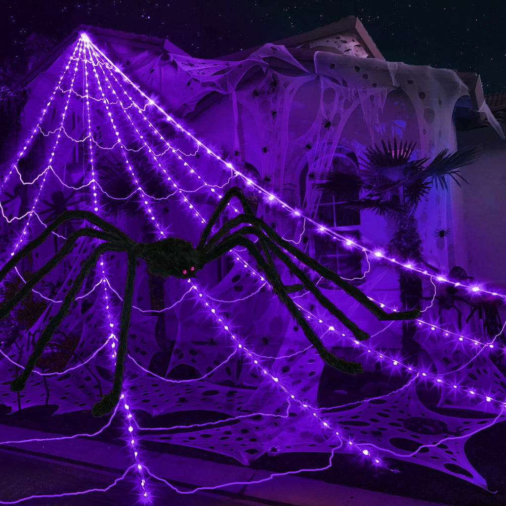 Scidweet Halloween Decorations Outdoor, 350 LED Halloween Spider Web Lights with 79" Giant Spider for Home Garden Yard Decor