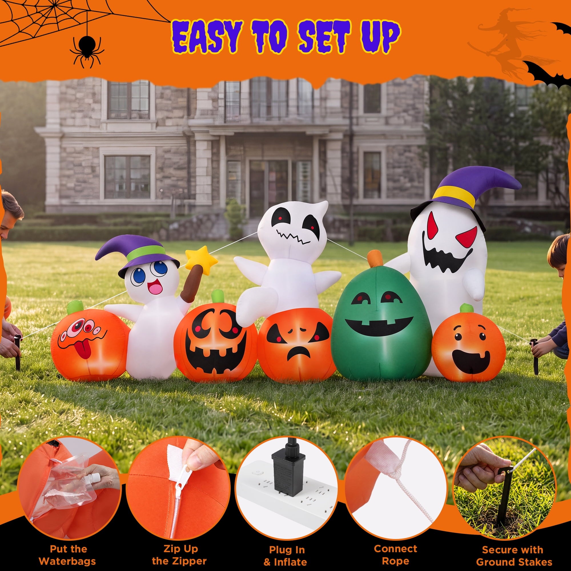 (2 pack) 7ft Long Halloween Inflatable with Lights,Pumpkin Ghost for Outdoor Decorations