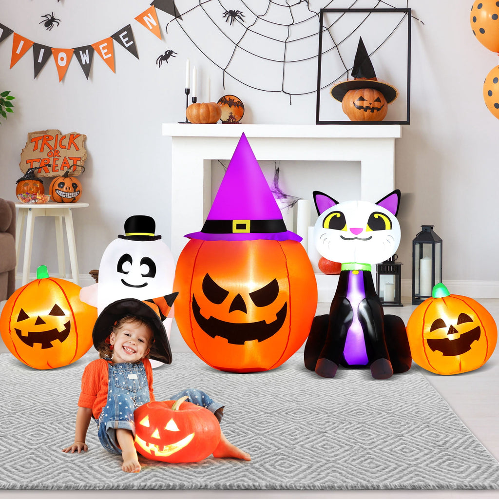 8ft Halloween Inflatable Pumpkins Outdoor Decor with Black Cat and Spectre,Built-in LED Lights,for Halloween Party,Yard,Garden,Lawn