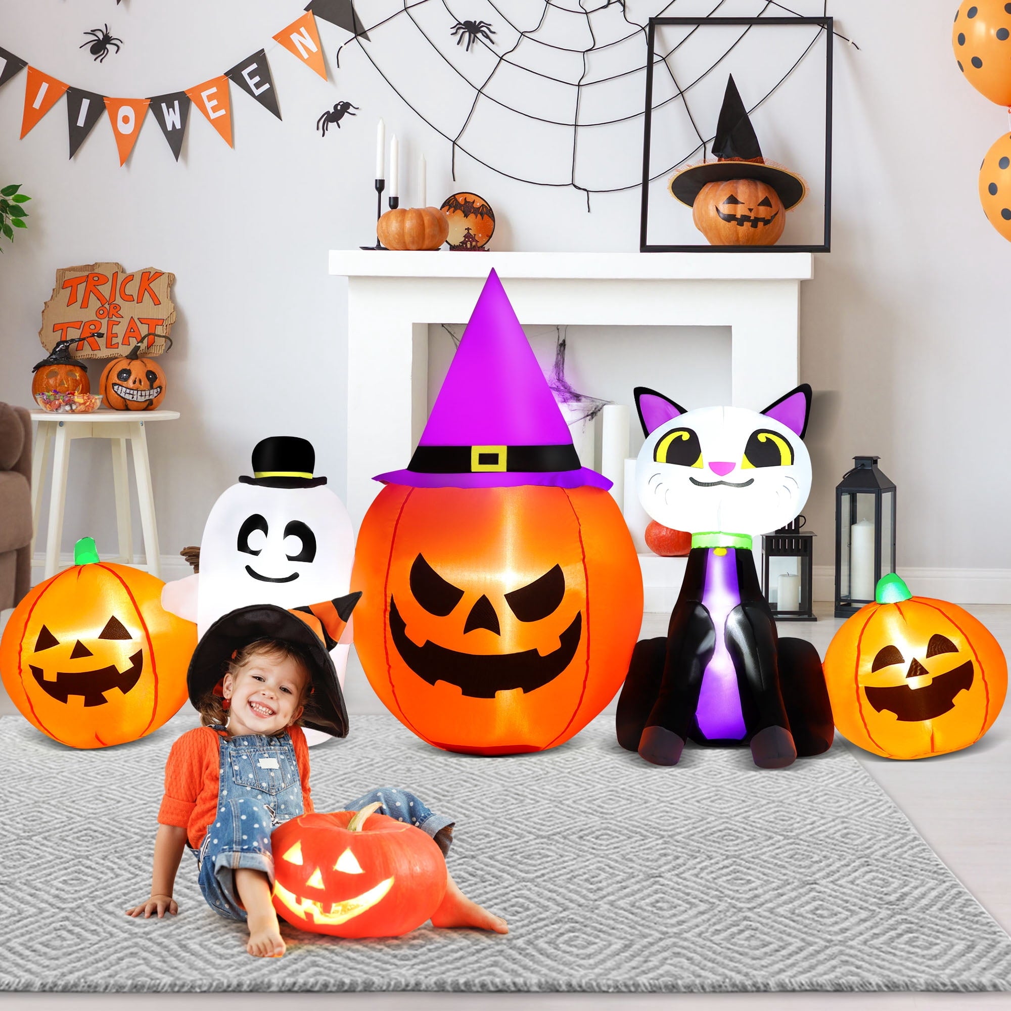 8ft Halloween Inflatable Pumpkins Outdoor Decor with Black Cat and Spectre,Built-in LED Lights,for Halloween Party,Yard,Garden,Lawn
