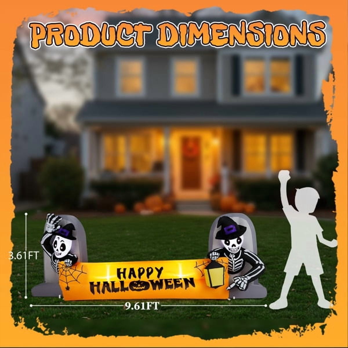 9.6FT Halloween Inflatable Skeleton Tombstone Banner, Built-in 4 White LED Lights, Quick Inflation for Yard/Patio/Party