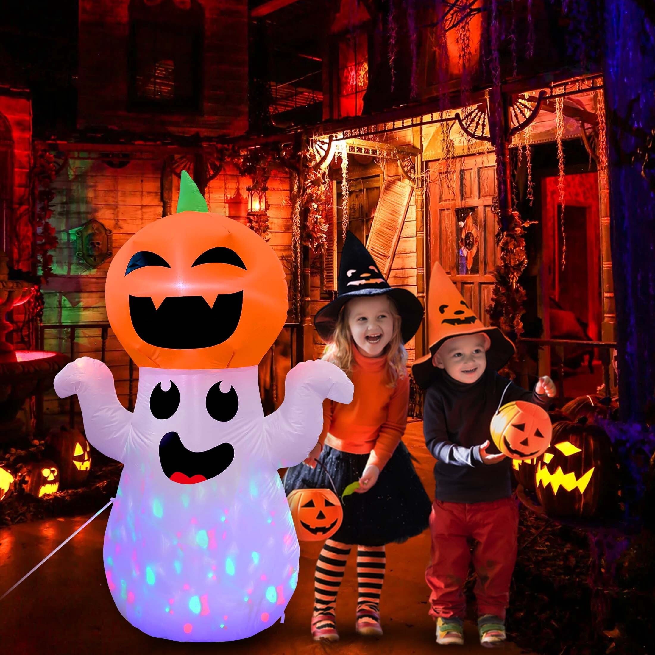 5Ft Halloween Inflatable Pumpkin Ghost with 360° Rotating Colorful LED Lights, Cute Indoor/Outdoor Decor for Party, Yard, Lawn