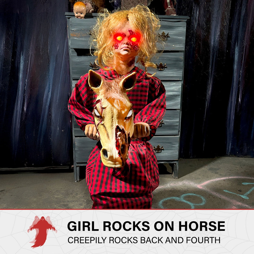 3.2 ft Voice & Sound-Sensor Rocking Horse Girl Halloween Animatronic, HHRCKHRSGRL-1FLSA