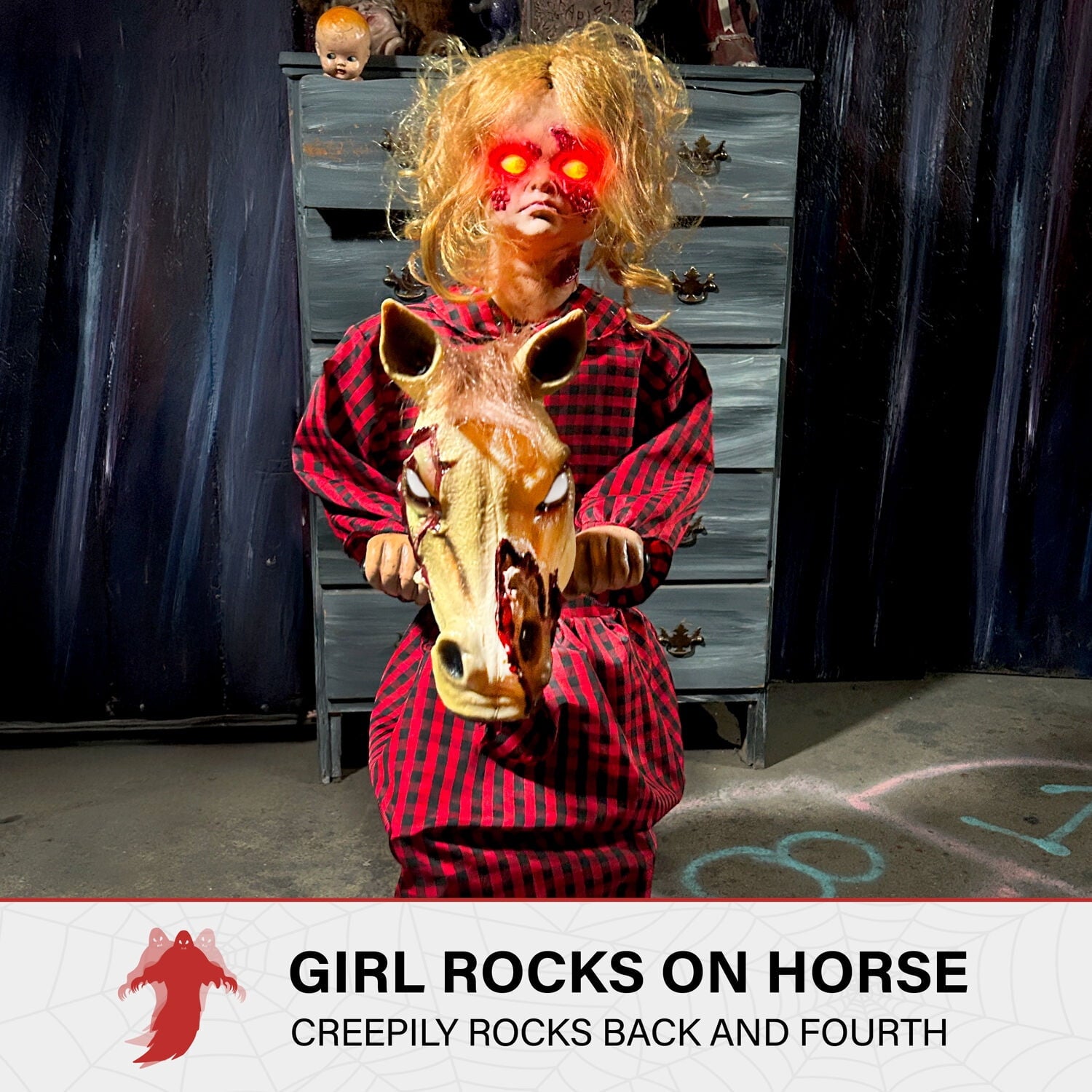 3.2 ft Voice & Sound-Sensor Rocking Horse Girl Halloween Animatronic, HHRCKHRSGRL-1FLSA