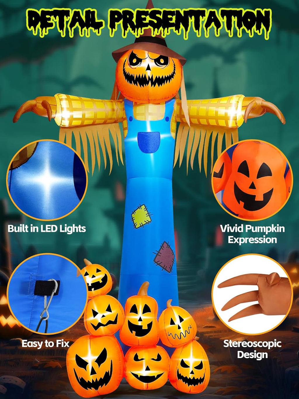 12.5 FT Halloween Inflatables with Music, Giant Pumpkin Scarecrow Inflatable with LED Light Blow Up Yard Decor with Scary Sound for Outdoor Garden Lawn Holiday Party Supplies