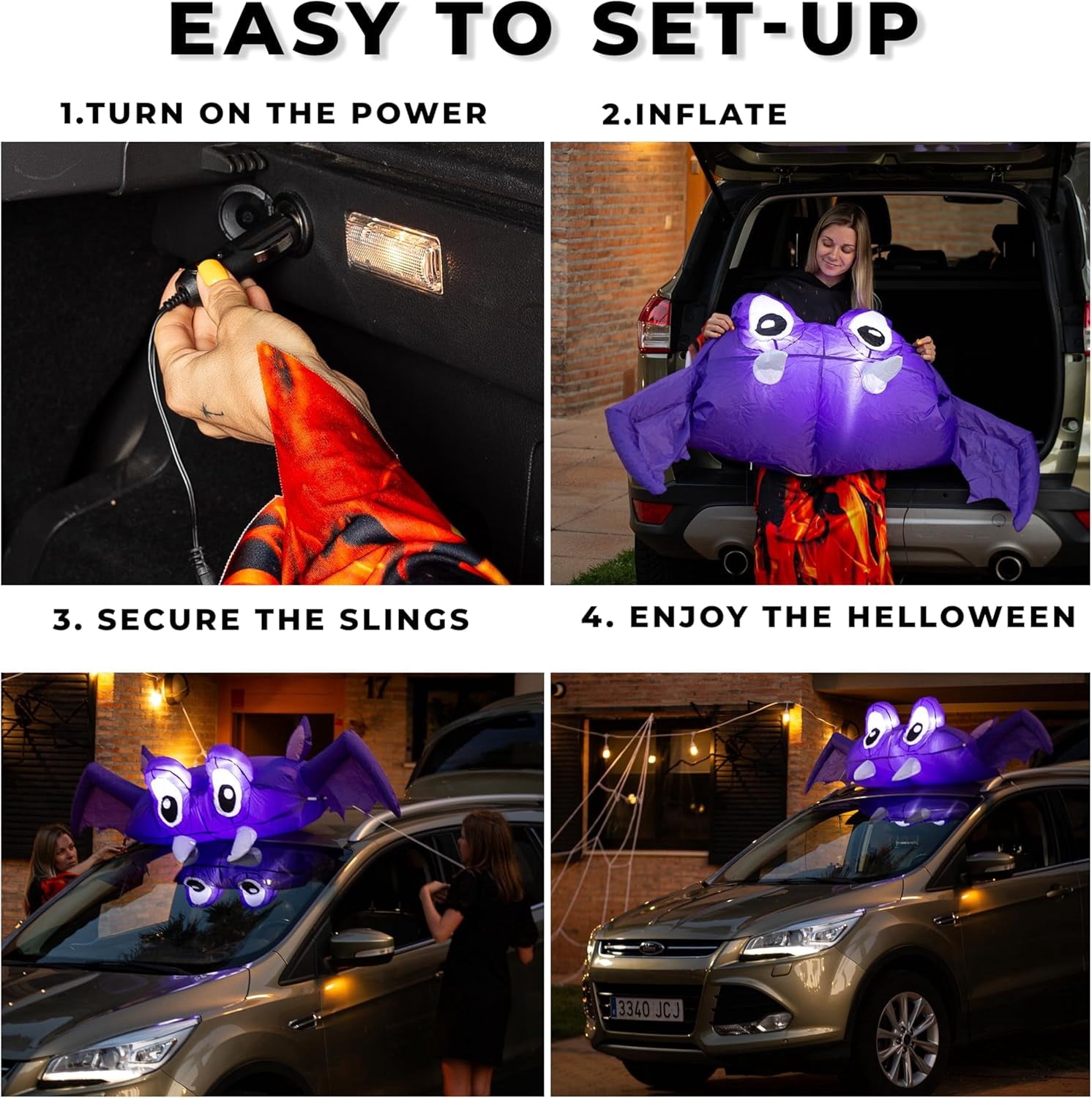 Zone Tech 6 FT Inflatable Bat Car Trunk Decor with Built-in LEDs, Blow Up Decoration for Halloween (1-Pack)