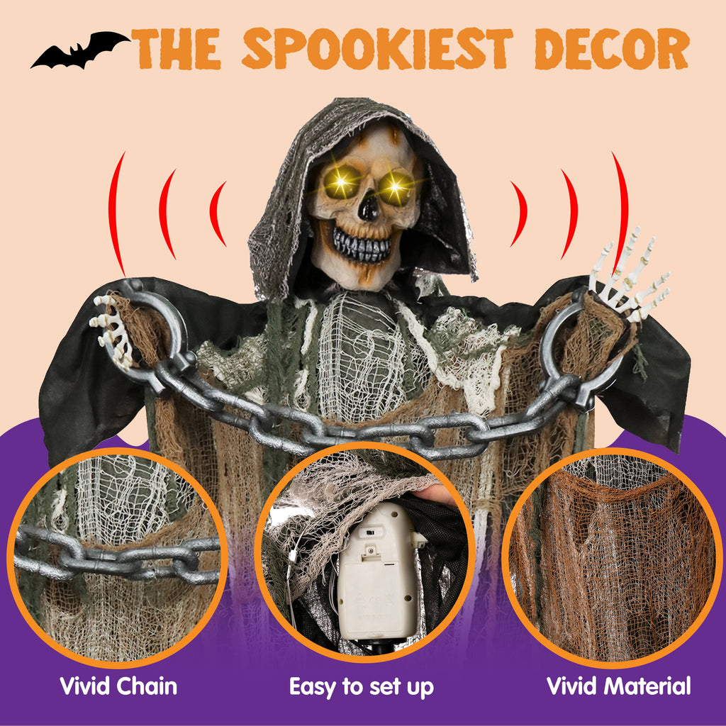 67" Standing Grim Reaper with Chain, Large Halloween Decorations Outdoor, Life Size Animatronics Skelton, Sound-Actived Party Decor with Creepy Sound & LED Eyes, Scary Haunted House Props