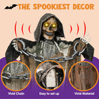 67" Standing Grim Reaper with Chain, Large Halloween Decorations Outdoor, Life Size Animatronics Skelton, Sound-Actived Party Decor with Creepy Sound & LED Eyes, Scary Haunted House Props