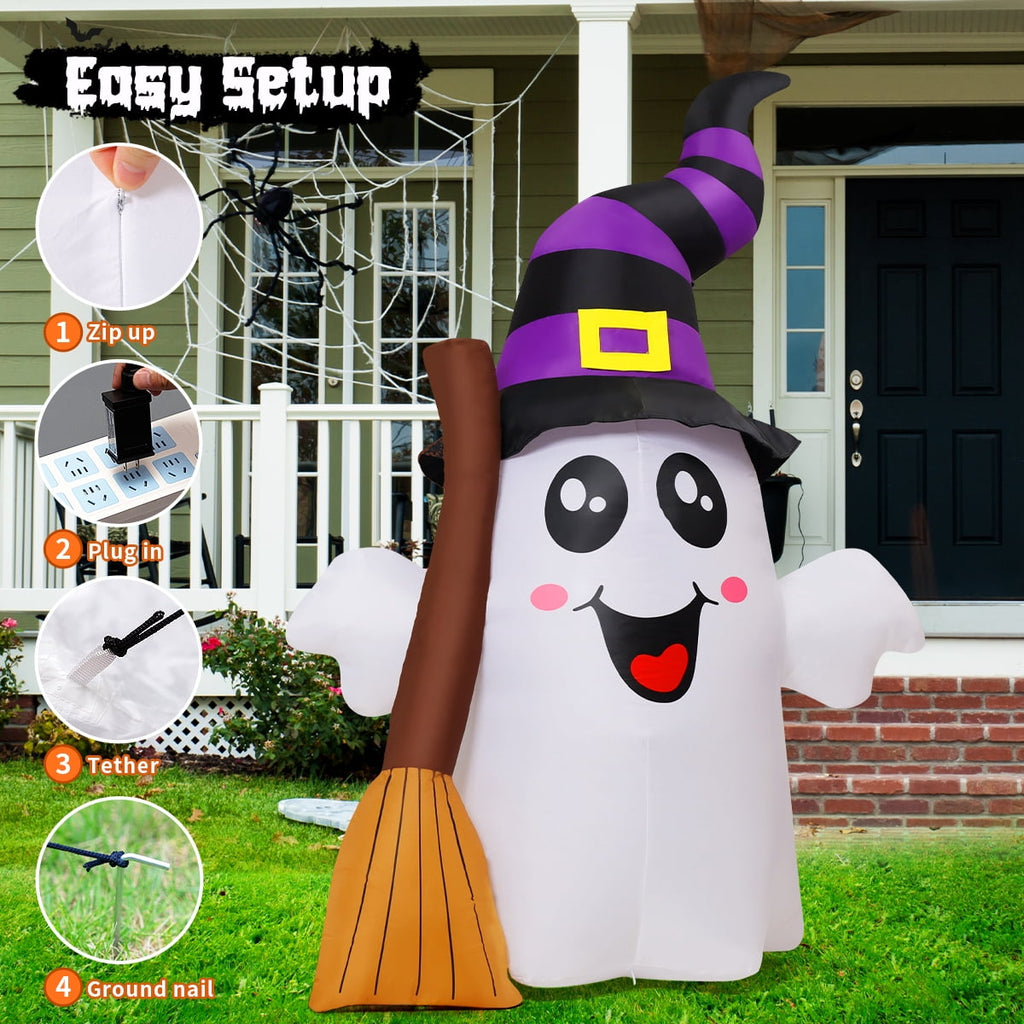 Halloween Inflatables 6 FT Halloween Ghost Inflatable Grasping Broom with LED Lights, Blow up Ghost Cute Inflatable Ghost, Outdoor Halloween Decorations for Holiday Party Indoor Outdoor
