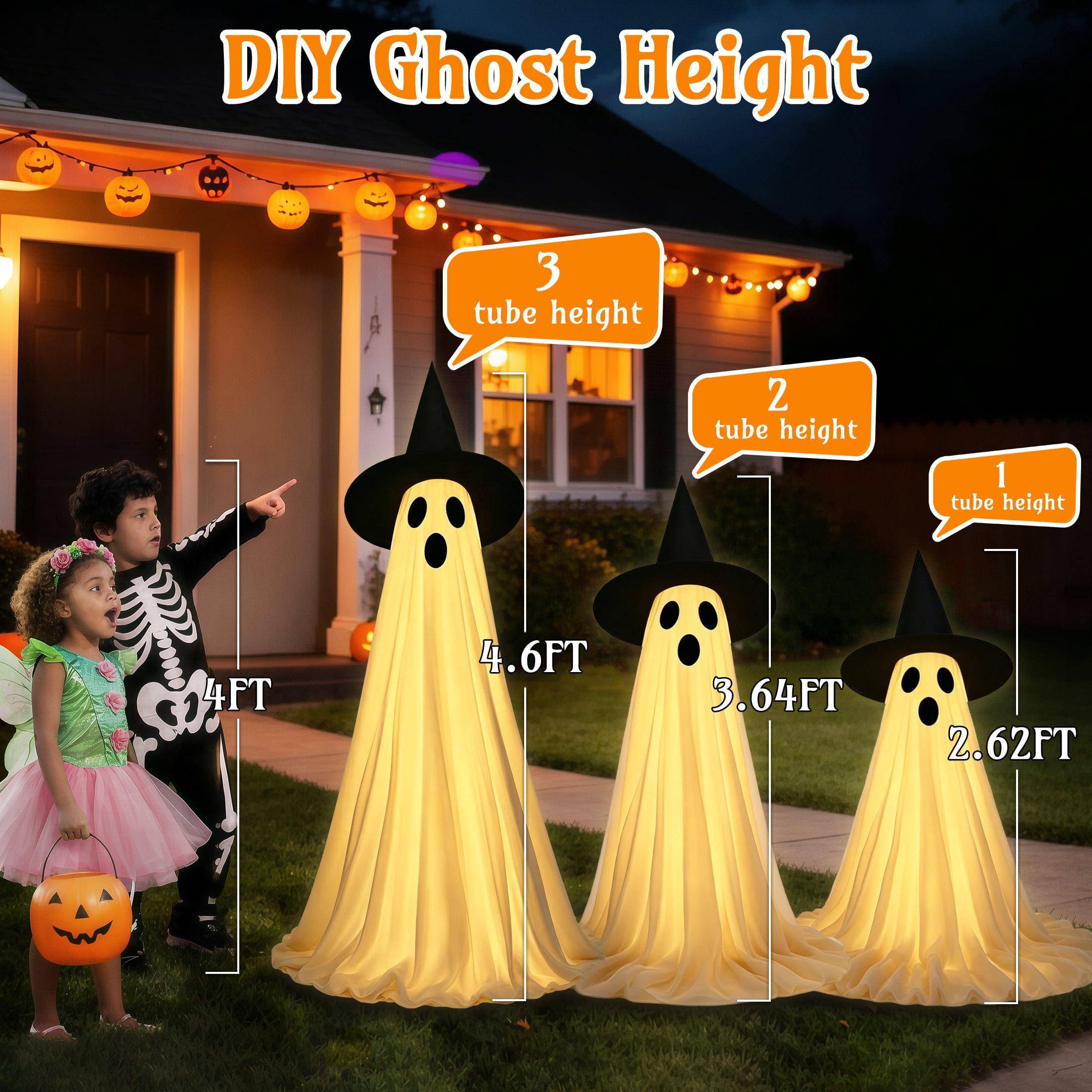 HiberyHom Halloween Ghost Decor, 2 Pack Early Halloween Decorations, 4.6 FT Light Up Ghost with Remote for Porches Yard Garden, Halloween Decorations Outdoor and Indoor
