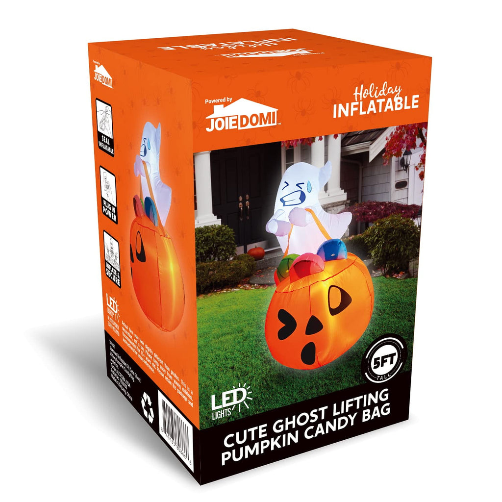 5ft Halloween Inflatables Light up Cute Ghost,Blow Up Ghost Lift Pumpkin Candy Bag with Build-in LEDs for Yard Decorations