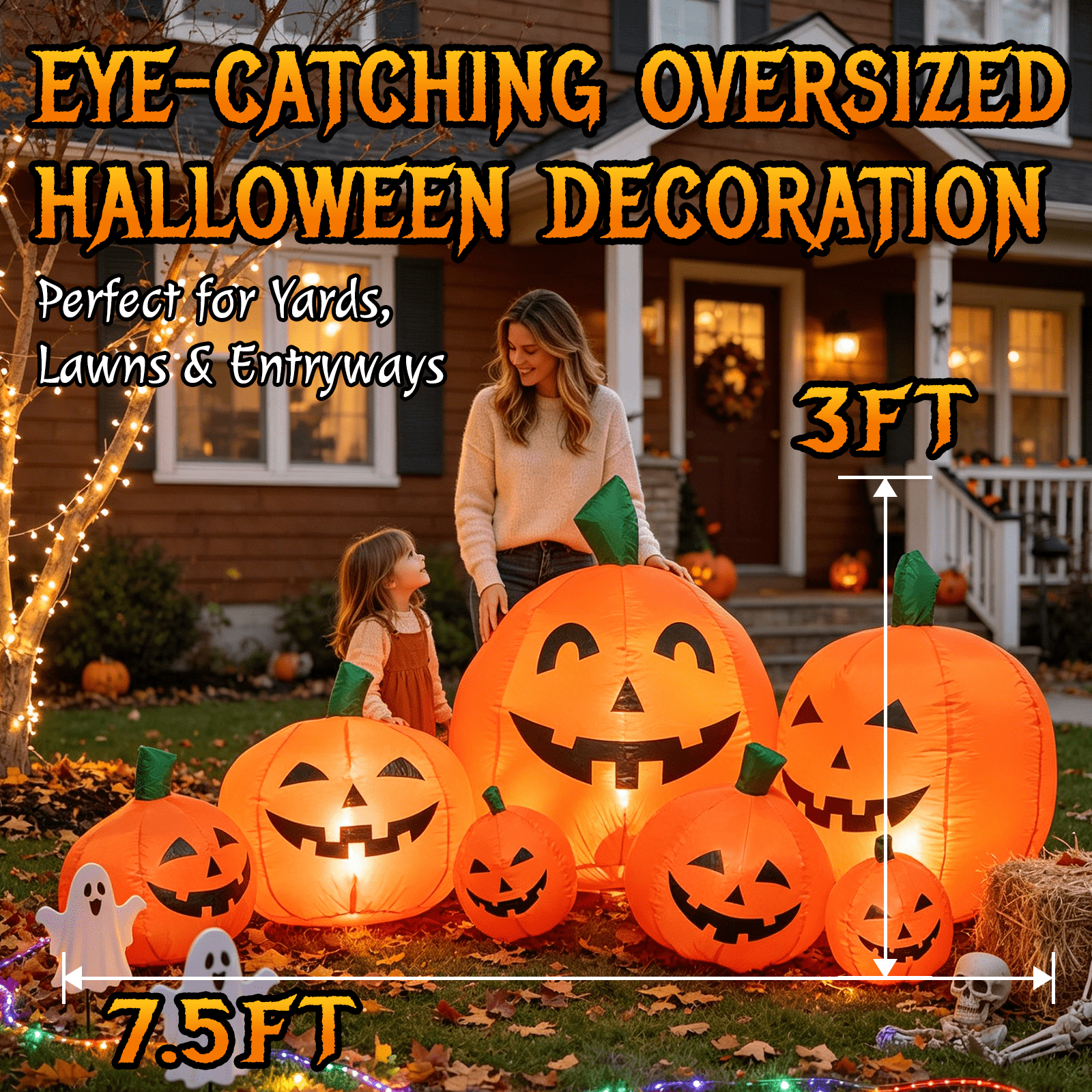 7.5 FT Long Halloween Inflatables Pumpkin Family Lighted,7 Pumpkins Blow Up Yard Decoration, Built-in LEDs, Stakes & Tethers Included for Outdoor Lawn Garden Halloween Decor