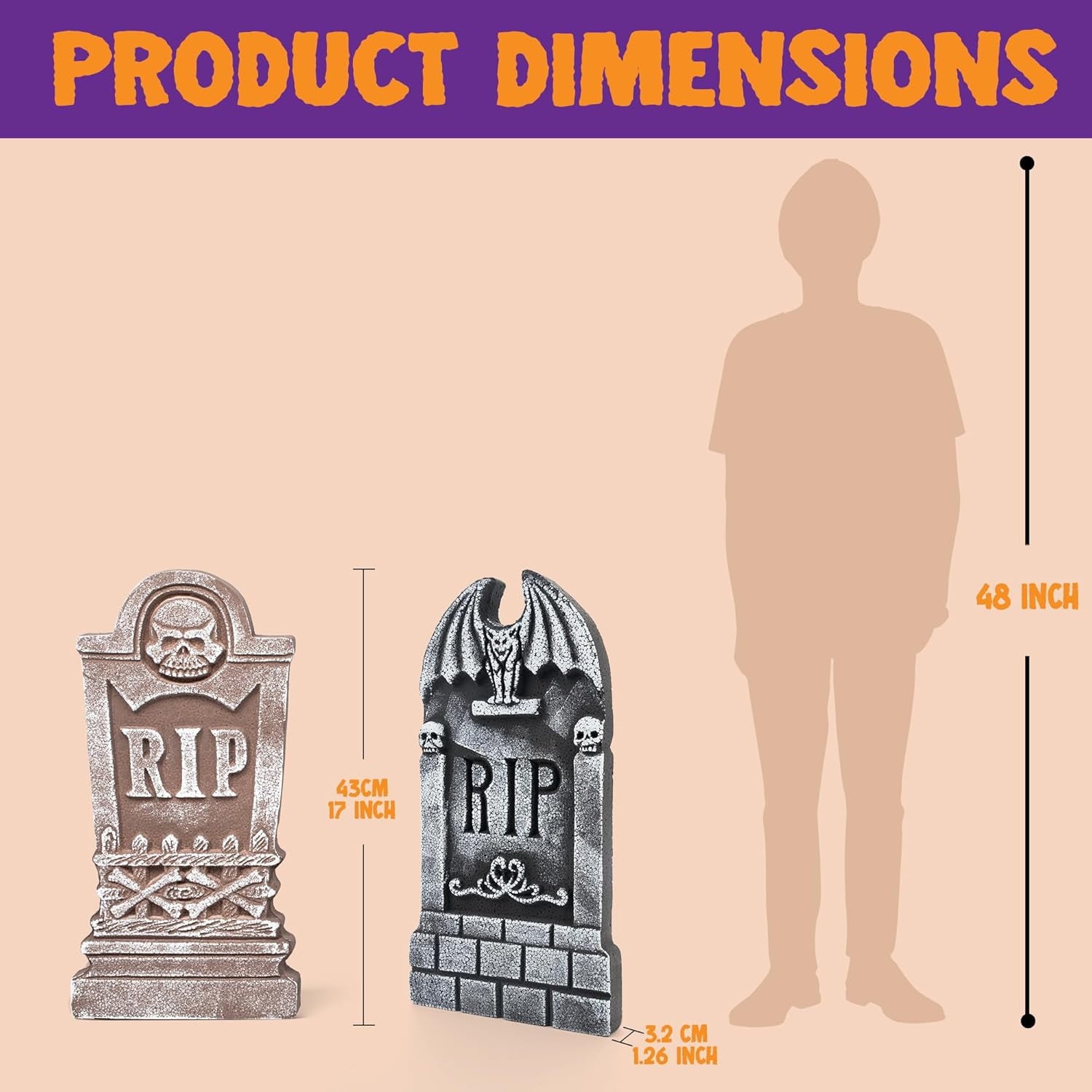 17" Halloween 5 Pack Tombstone Decorations, Foam RIP Graveyard Signs Cemetery Headstones Scary Outdoor Indoor Halloween Decor with 12 Metal Stakes for Easy Set Up, Waterproof for Garden Lawn