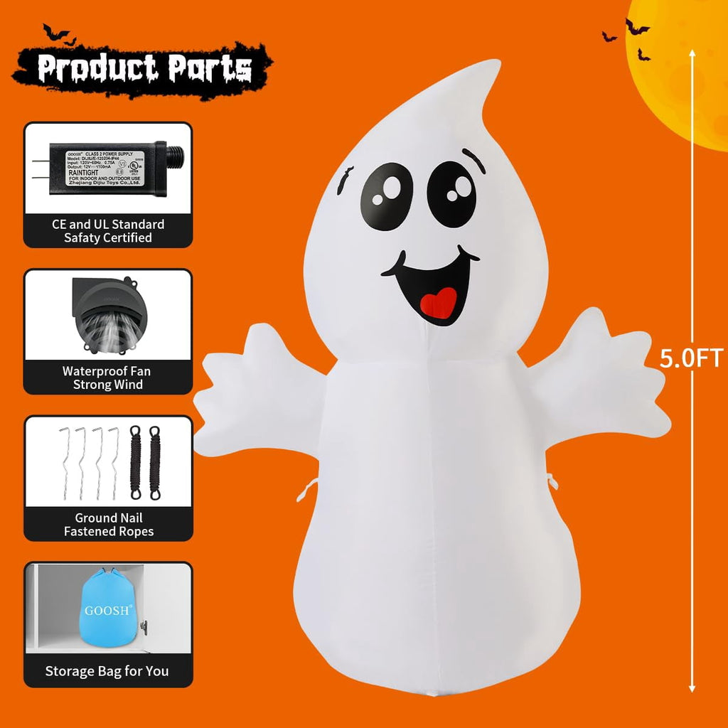 Halloween Inflatables 5 FT Halloween Ghost Inflatable with Built-in LEDs, Cute Halloween Inflatable Ghost Blow up Ghost Inflatable, Outdoor Halloween Decorations for Halloween Holiday Party