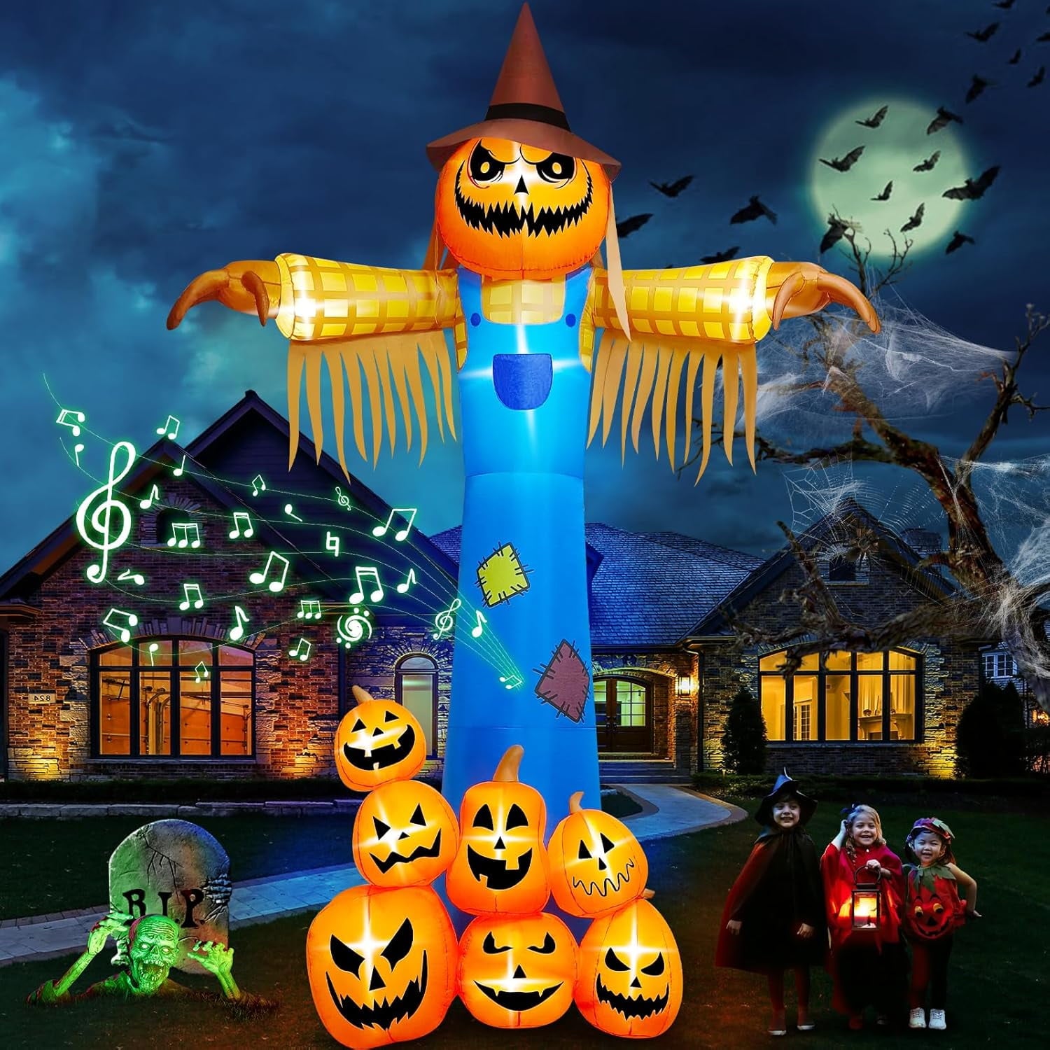 12.5 FT Halloween Inflatables with Music, Giant Pumpkin Scarecrow Inflatable with LED Light Blow Up Yard Decor with Scary Sound for Outdoor Garden Lawn Holiday Party Supplies