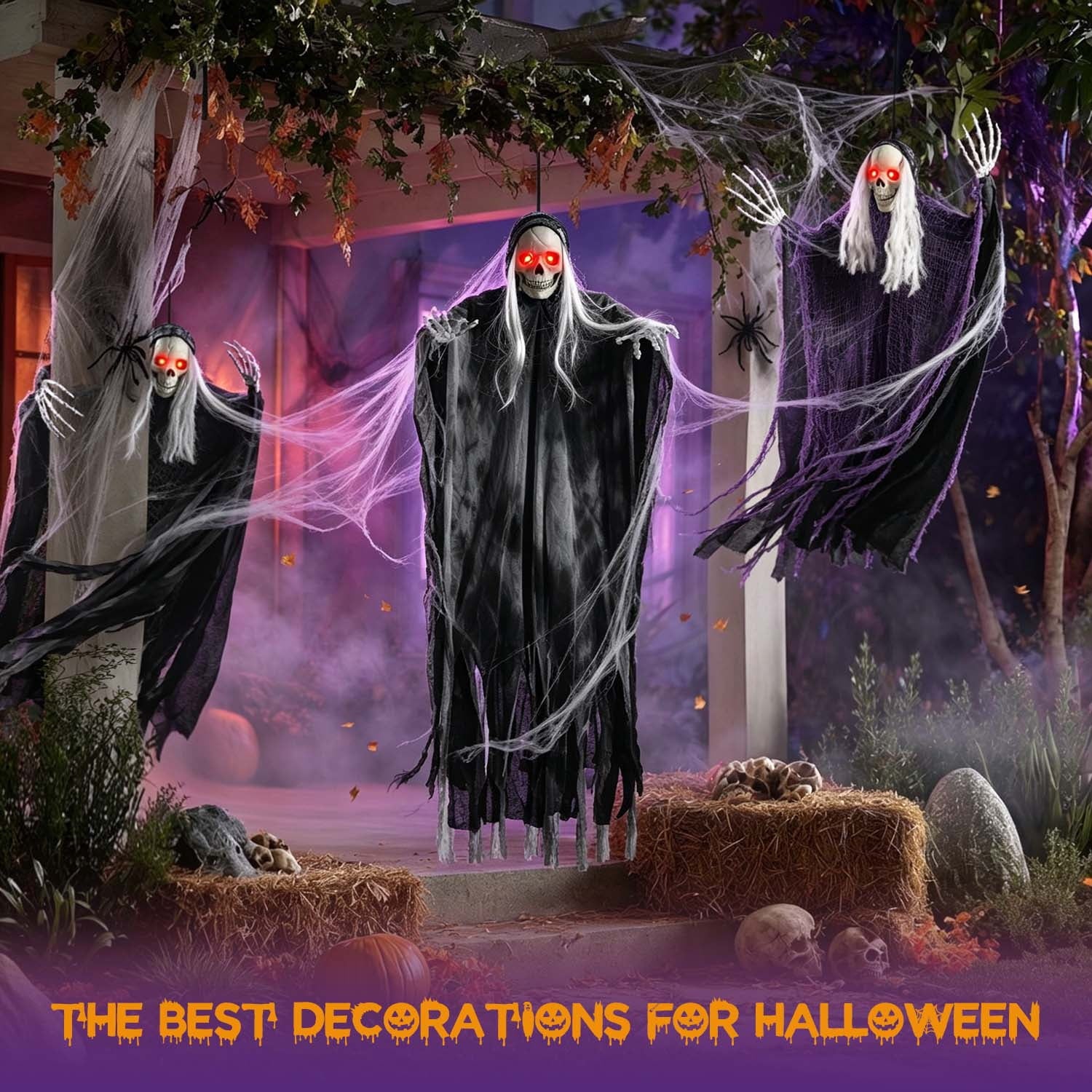 3 Pack Hanging Skeleton Ghosts for Halloween Decorations Outdoor, Grim Reaper for Halloween Decor