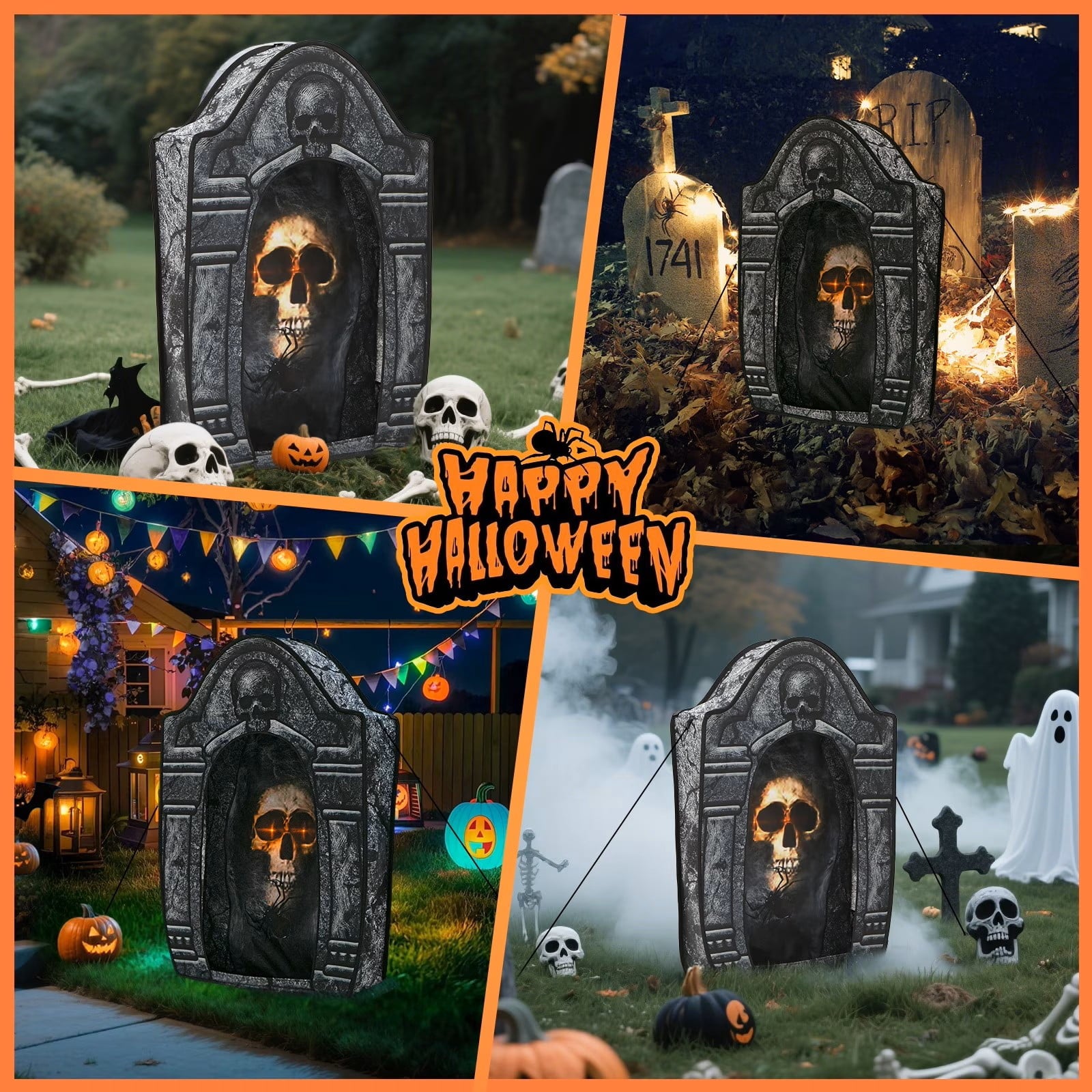 Wondiair 41" Halloween Skull Tombstone with Glowing LED Eyes, Foldable Outdoor Graveyard Decoration for Yard, Lawn, Cemetery & Haunted House