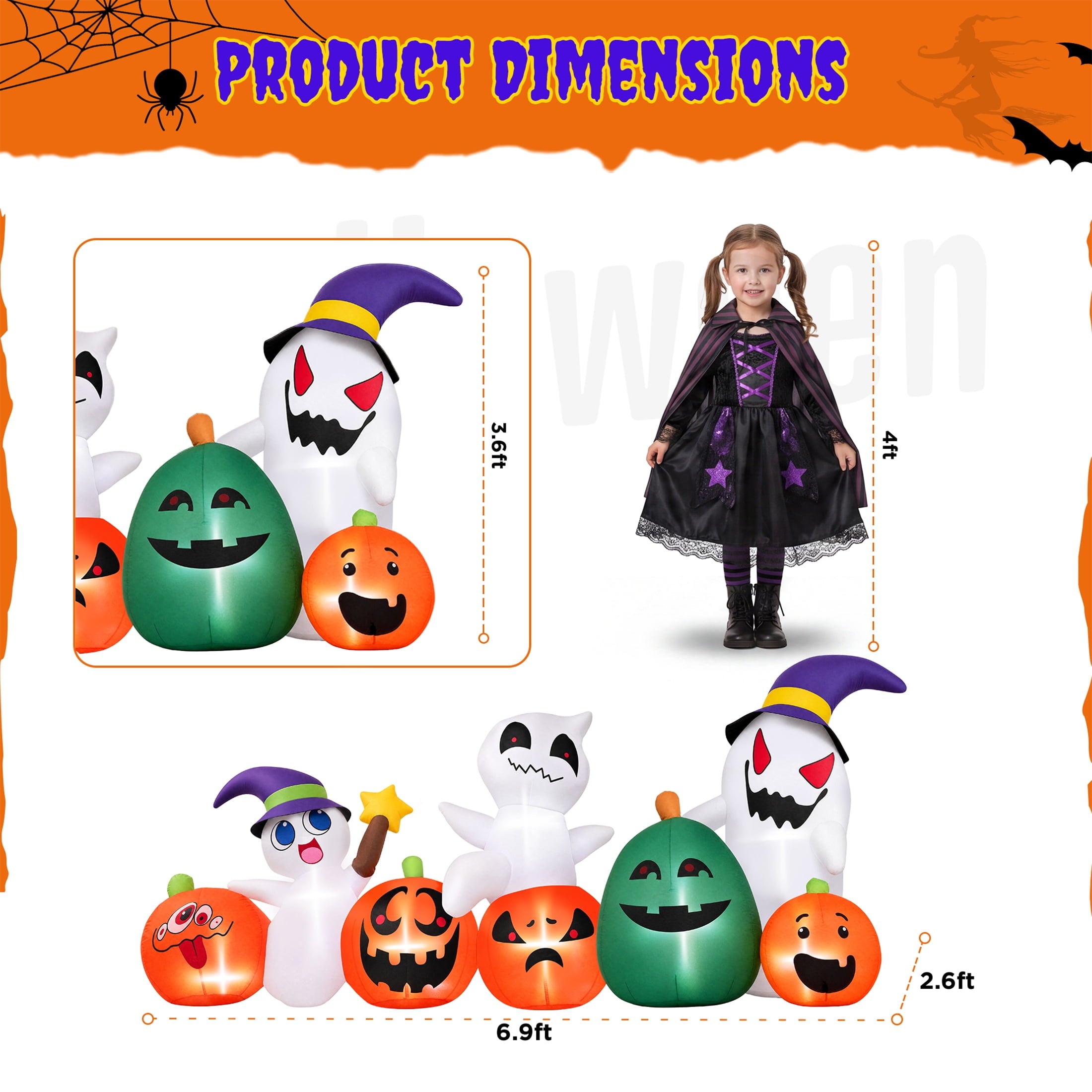 (2 pack) 7ft Long Halloween Inflatable with Lights,Pumpkin Ghost for Outdoor Decorations