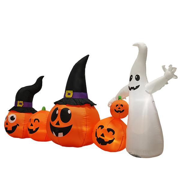 8FT Halloween Inflatable Pumpkin Ghost Scene, 5 Total LEDs, Waterproof Polyester, Quick Inflation with Stakes/Ropes for Yard/Garden/Indoor