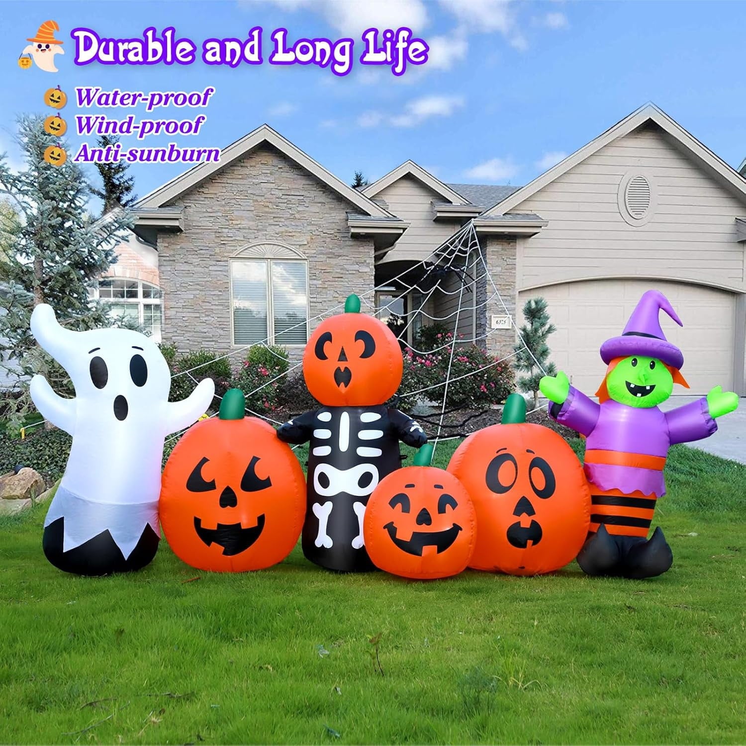 8FT Length Halloween Inflatable Witch, Ghost, with Pumpkin Outdoor Decoration for Party Garden Lawn House Holiday Decor,Built-in LED Lights & Powerful Air Blower