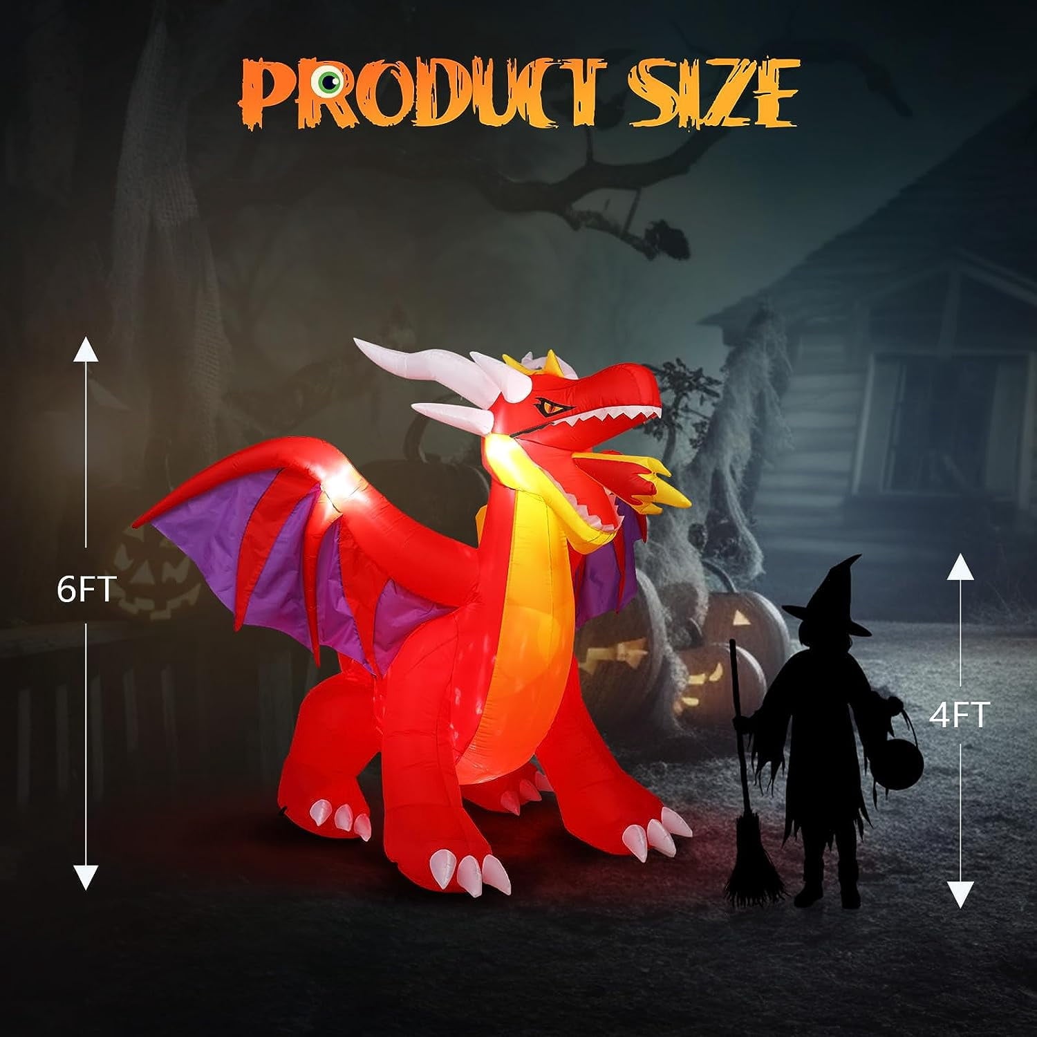 VINGLI 6FT Tall Halloween Inflatables Outdoor Decorations, Blow Up Scary Fire-Breathing Dragon Halloween Yard Decorations, Built-in LED Lights Décor for Indoor Home Party Garden Lawn Store