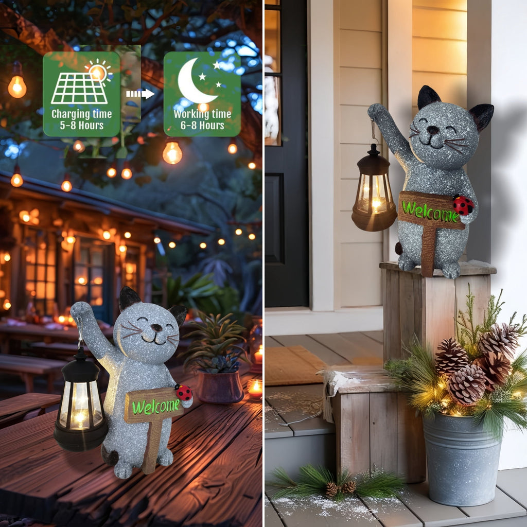 Halloween Decorations Solar Cat Statue Light Garden Decor, Led Home Outside Decor for Patio Yard Pool Front Porch Flower Pots, Solar Powered Welcome Cat Lantern Gardening Gifts