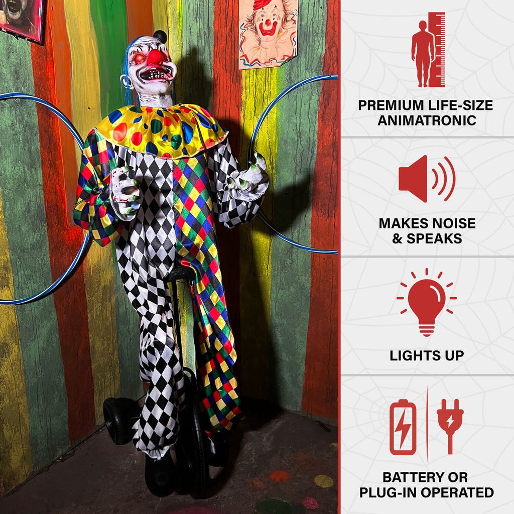 5.9 ft Voice & Sound-Sensor Clown on Tricycle Halloween Animatronic, HHTRIBKCLOWN-1FLSA