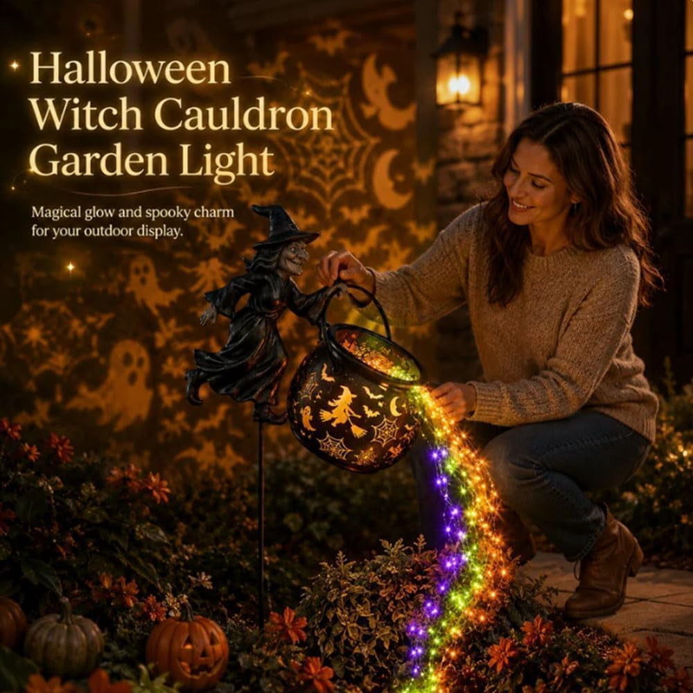 Halloween Witch Cauldron Garden Light, Waterfall-Style Enchanted Witch Cauldron Garden Decoration, Halloween LED Projector Lights Decorations Outdoor with Stake for Yard Lawn Porch Party