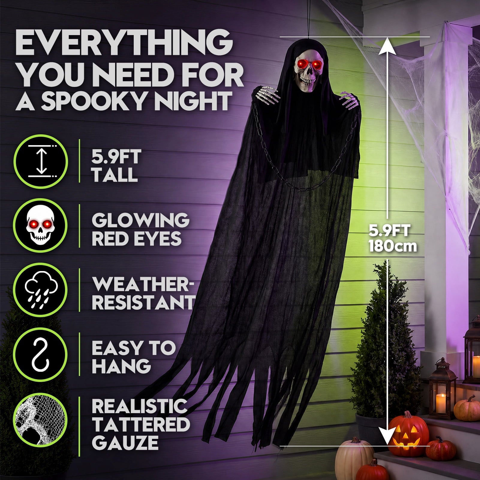 Halloween Grim Reaper 6ft Hanging Ghost Skeleton Decorations, Spooky Halloween Decor for Yard Haunted House Party Outdoor