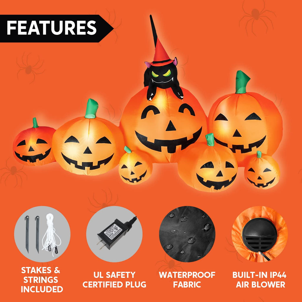 7 ft Halloween Inflatable Long Pumpkin with Witch's Cat Decorations Inflatables with Build-in LEDs,Halloween Decor Outdoor Blow Up Yard Decorations