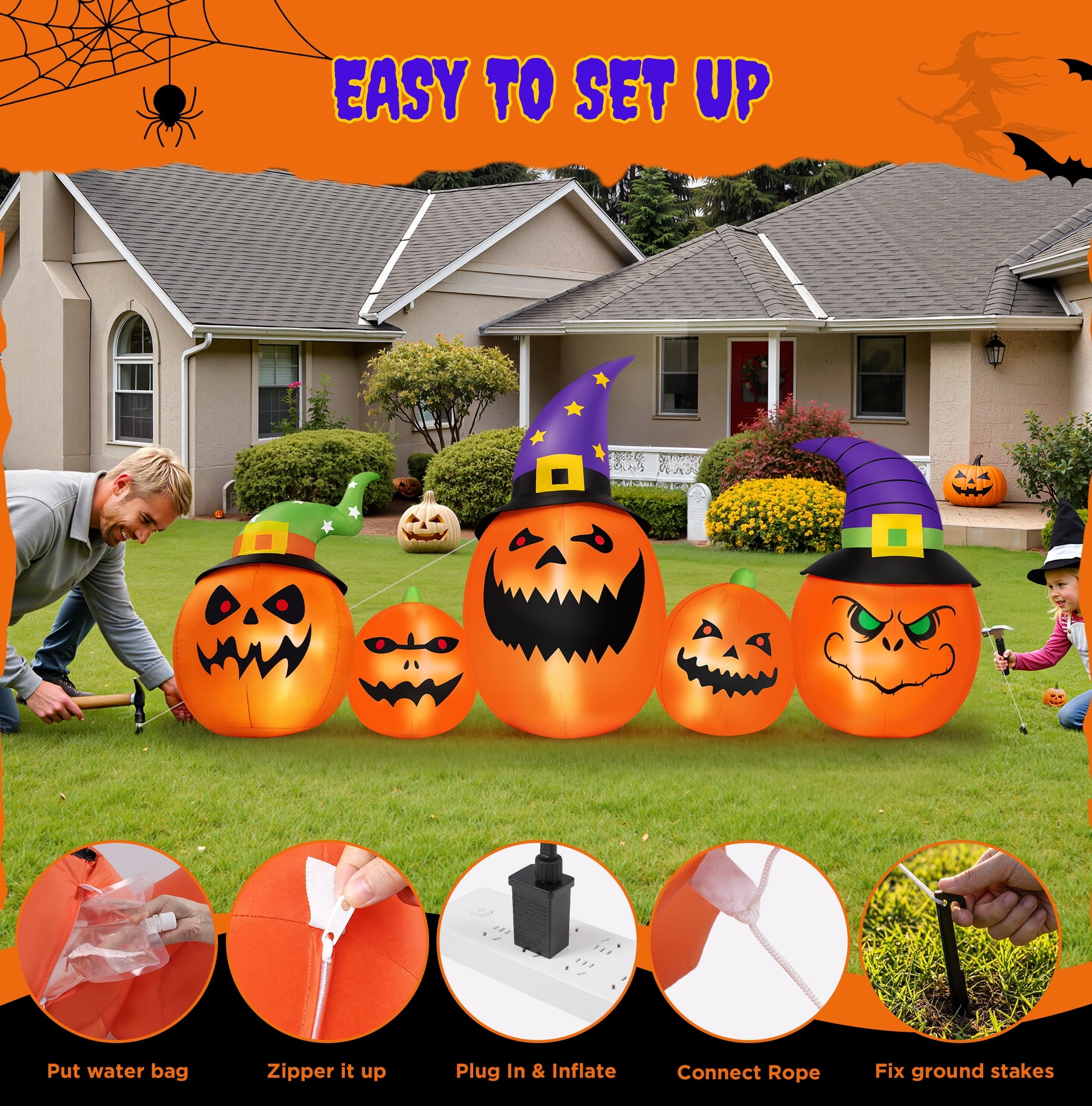 (2 pack) 8FT Halloween Inflatable Pumpkins Blow ups Outdoor Decorations, Five Pumpkins with LED Lights for Party Yard