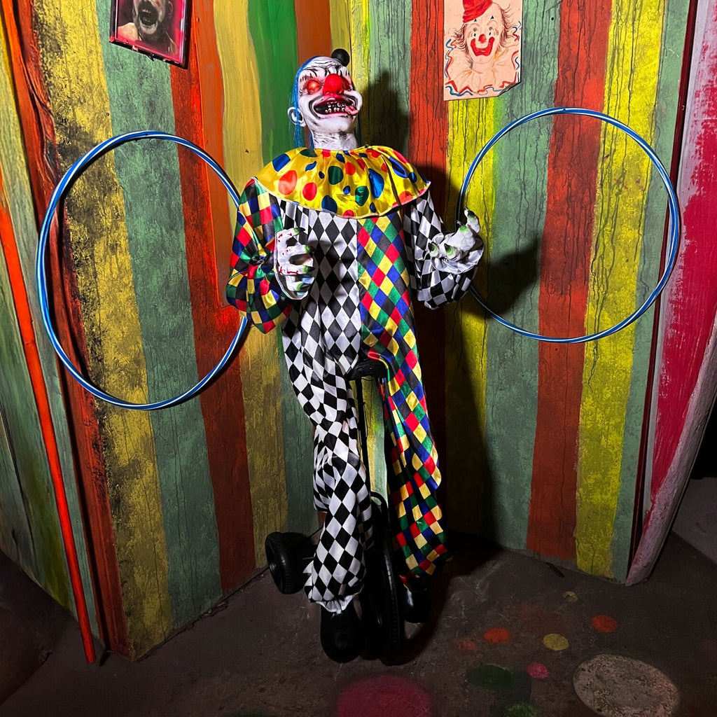 5.9 ft Voice & Sound-Sensor Clown on Tricycle Halloween Animatronic, HHTRIBKCLOWN-1FLSA