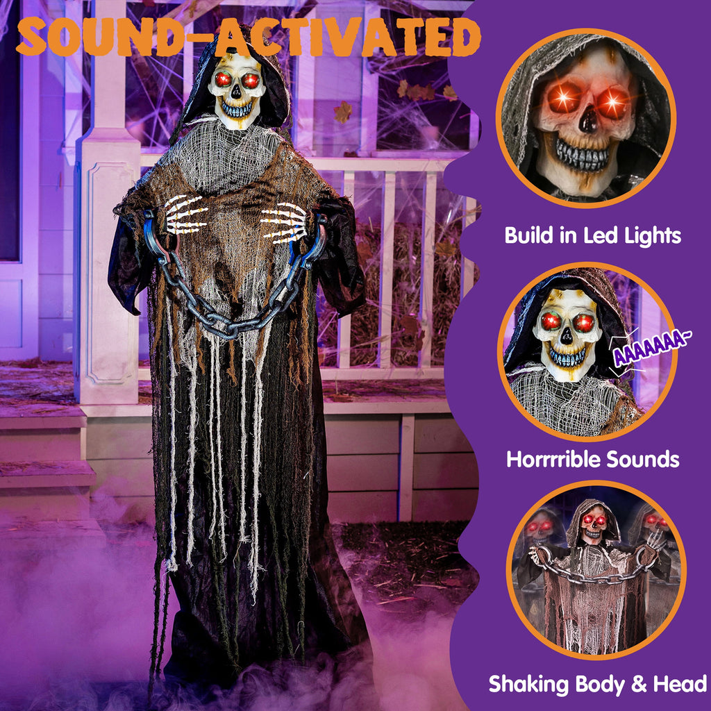 67" Standing Grim Reaper with Chain, Large Halloween Decorations Outdoor, Life Size Animatronics Skelton, Sound-Actived Party Decor with Creepy Sound & LED Eyes, Scary Haunted House Props